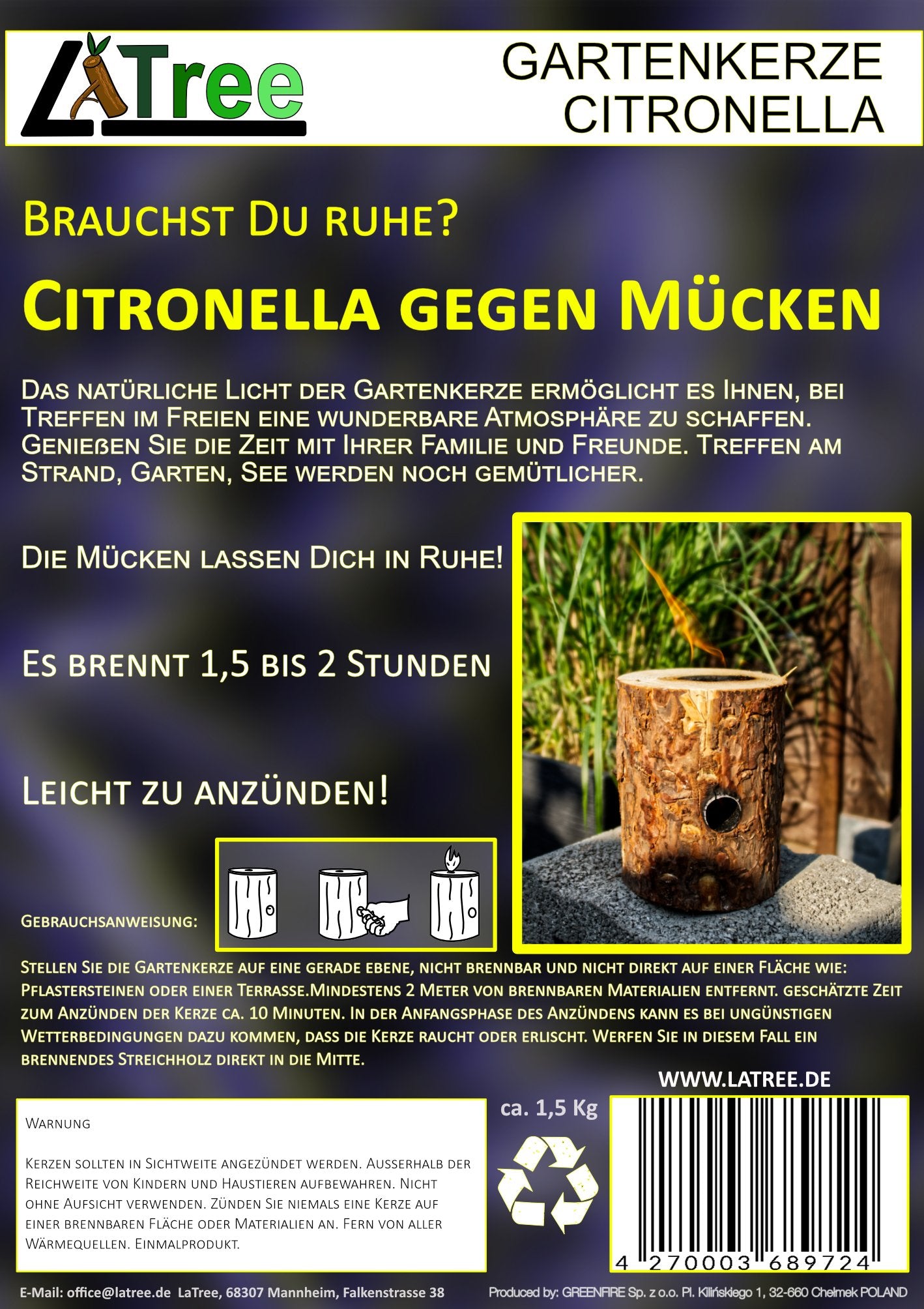 4 x Gartenkerze Schwedenfeuer Citronella - LaTree